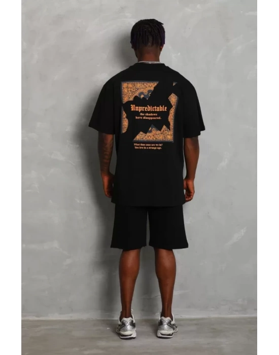 Unisex Oversize Baskılı Bisiklet Yaka T-Shirt - Siyah