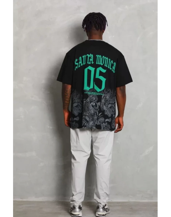 Unisex Oversize Baskılı Bisiklet Yaka T-Shirt - Siyah