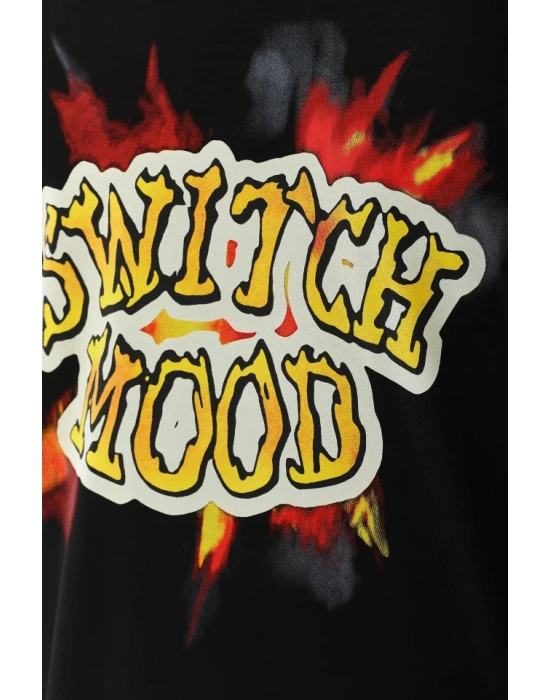 Unisex Oversize Baskılı Bisiklet Yaka T-Shirt - Siyah