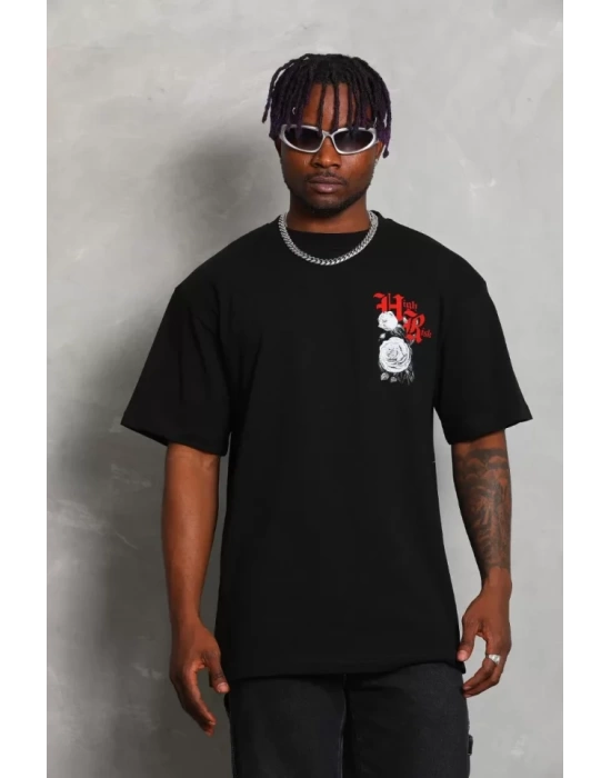 Unisex Oversize Baskılı Bisiklet Yaka T-Shirt - Siyah