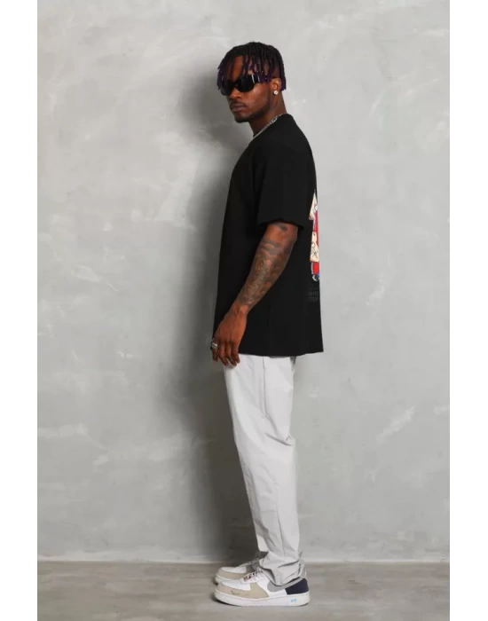 Unisex Oversize Baskılı Bisiklet Yaka T-Shirt - Siyah