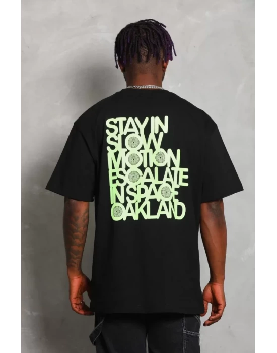 Unisex Oversize Baskılı Bisiklet Yaka T-Shirt - Siyah