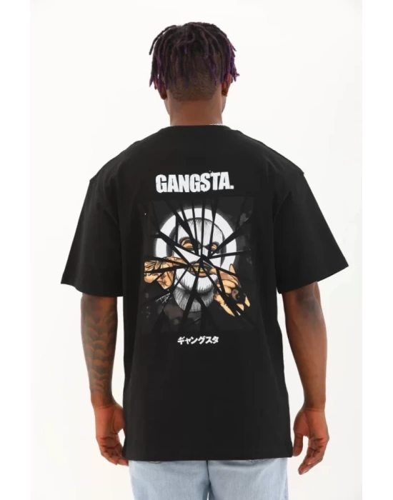 Unisex Oversize Baskılı Bisiklet Yaka T-Shirt - Siyah
