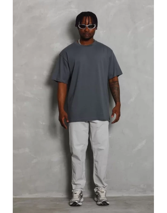 Unisex Oversize Düz Bisiklet Yaka T-Shirt - Füme