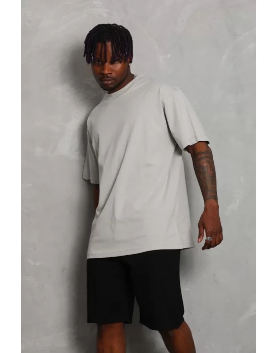 Unisex Oversize Düz Bisiklet Yaka T-Shirt - Gri