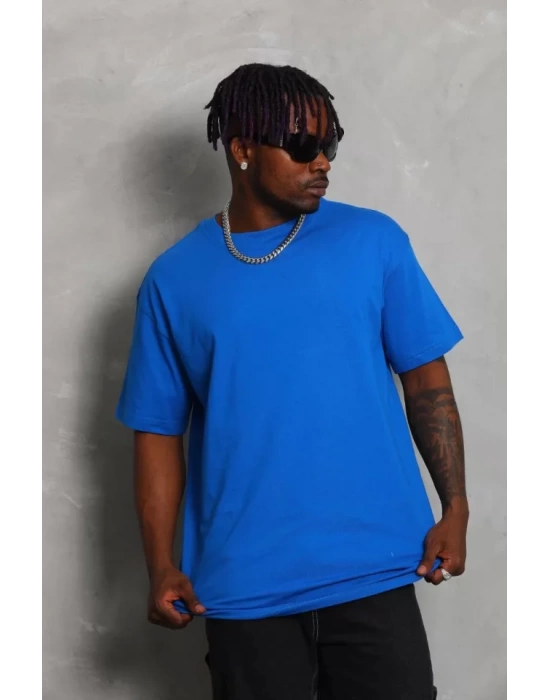 Unisex Oversize Düz Bisiklet Yaka T-Shirt - Mavi