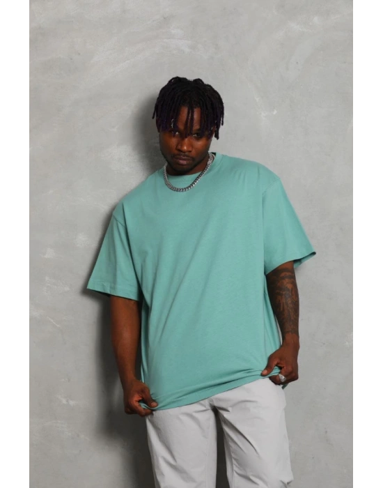 Unisex Oversize Düz Bisiklet Yaka T-Shirt - Mint Yeşili