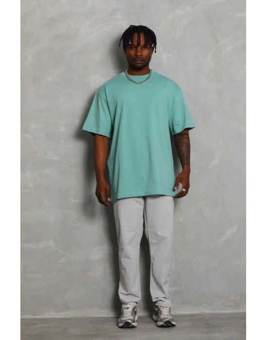 Unisex Oversize Düz Bisiklet Yaka T-Shirt - Mint Yeşili