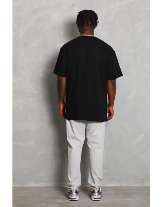 Unisex Oversize Düz Bisiklet Yaka T-Shirt - Siyah