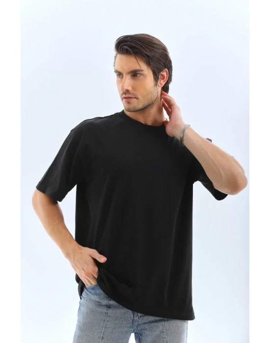 Unisex Oversize Düz Bisiklet Yaka T-Shirt - Siyah