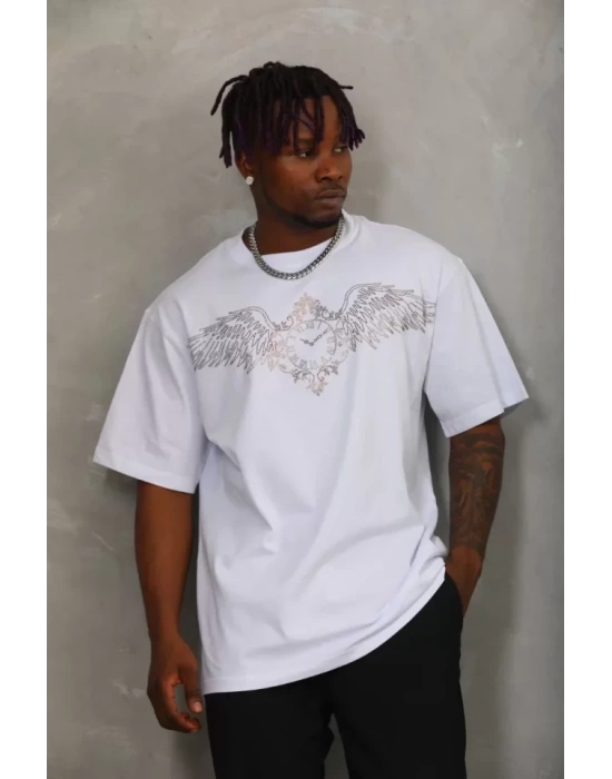 Unisex Oversize Taşlı Bisiklet Yaka T-Shirt - Beyaz