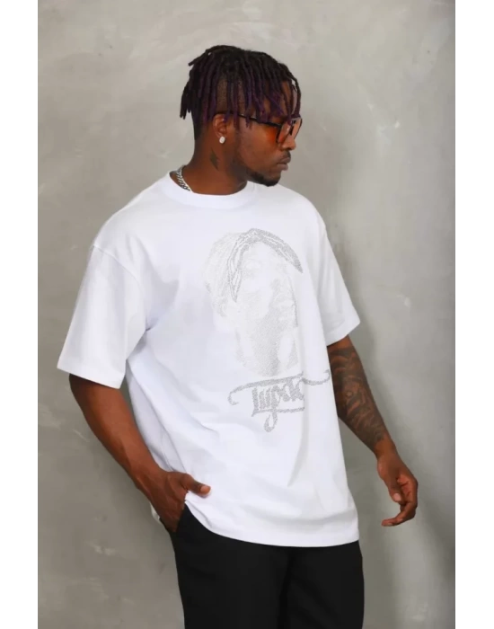Unisex Oversize Taşlı Bisiklet Yaka T-Shirt - Beyaz