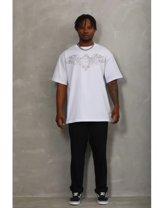 Unisex Oversize Taşlı Bisiklet Yaka T-Shirt - Beyaz