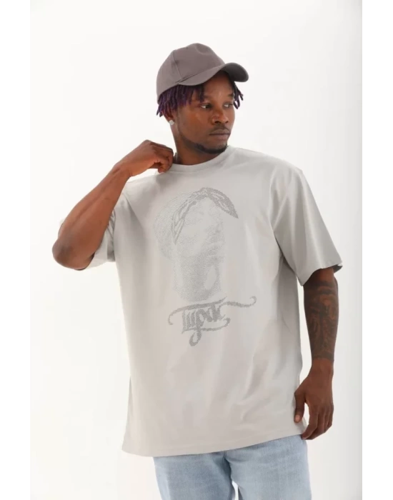 Unisex Oversize Taşlı Bisiklet Yaka T-Shirt - Gri