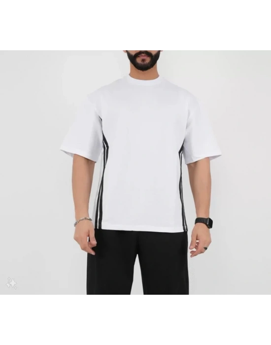 Unisex Oversize Yanları Şeritli T-Shirt - Beyaz