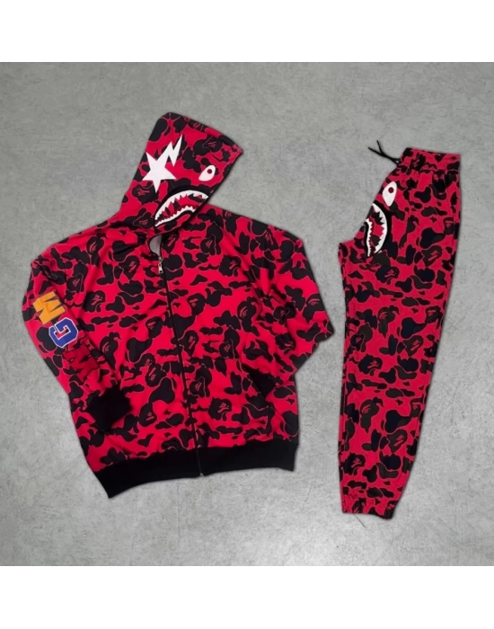 Unisex Pubg Bape X Shark Eşofman Takımı - Kırmızı