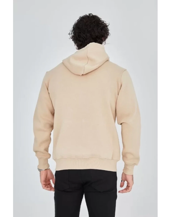 Unisex Tam Fermuarlı Kapşonlu  SweatShirt - Bej