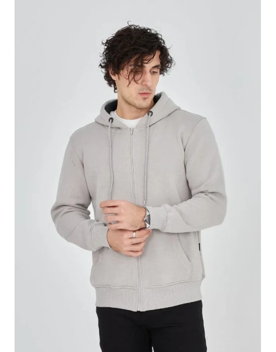 Unisex Tam Fermuarlı Kapşonlu  SweatShirt - Boyalı Gri
