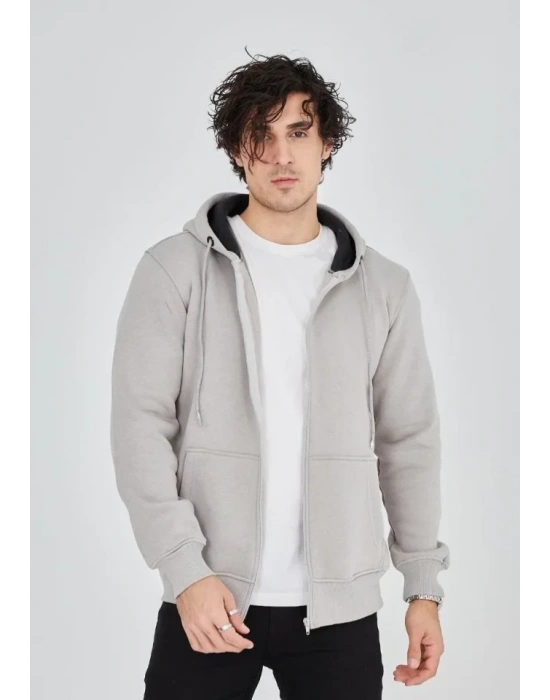 Unisex Tam Fermuarlı Kapşonlu  SweatShirt - Boyalı Gri