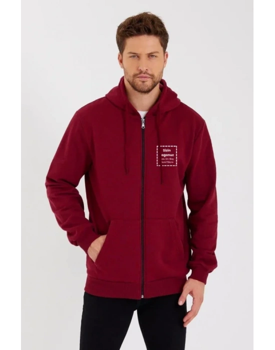 Unisex Tam Fermuarlı Kapşonlu Özel Tasarım SweatShirt - Bordo
