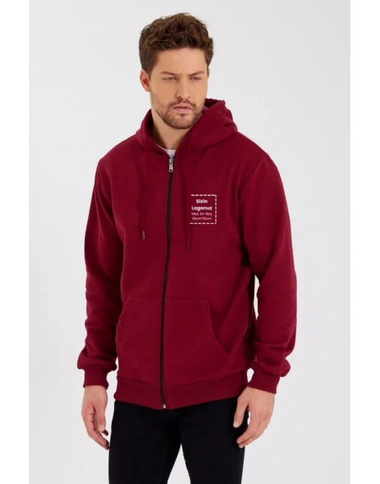 Unisex Tam Fermuarlı Kapşonlu Özel Tasarım SweatShirt - Bordo