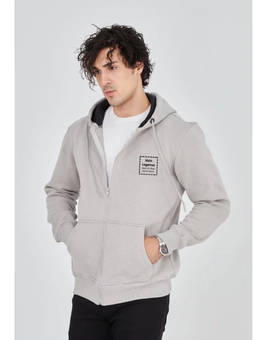 Unisex Tam Fermuarlı Kapşonlu Özel Tasarım SweatShirt - Boyama Gri