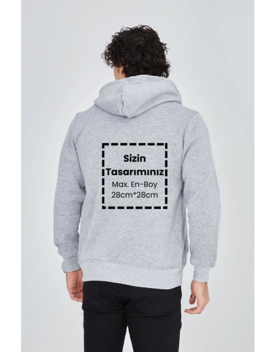 Unisex Tam Fermuarlı Kapşonlu Özel Tasarım SweatShirt - Gri