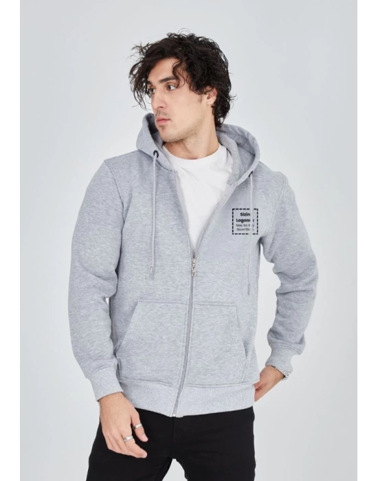 Unisex Tam Fermuarlı Kapşonlu Özel Tasarım SweatShirt - Gri