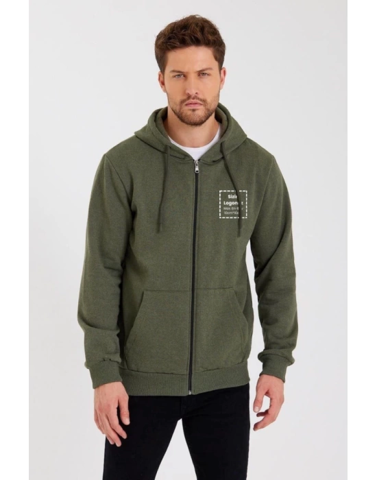 Unisex Tam Fermuarlı Kapşonlu Özel Tasarım SweatShirt - Haki