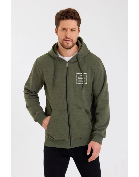 Unisex Tam Fermuarlı Kapşonlu Özel Tasarım SweatShirt - Haki