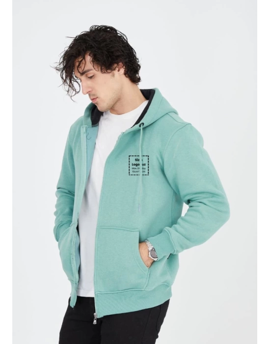 Unisex Tam Fermuarlı Kapşonlu Özel Tasarım SweatShirt - Mint Yeşili