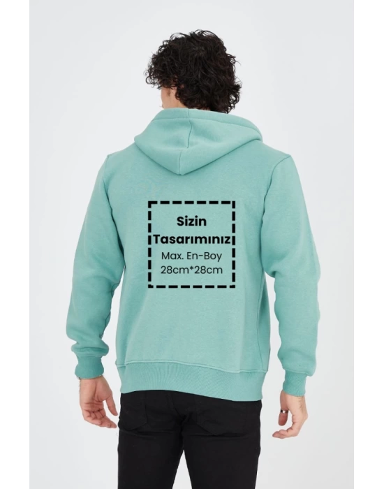 Unisex Tam Fermuarlı Kapşonlu Özel Tasarım SweatShirt - Mint Yeşili
