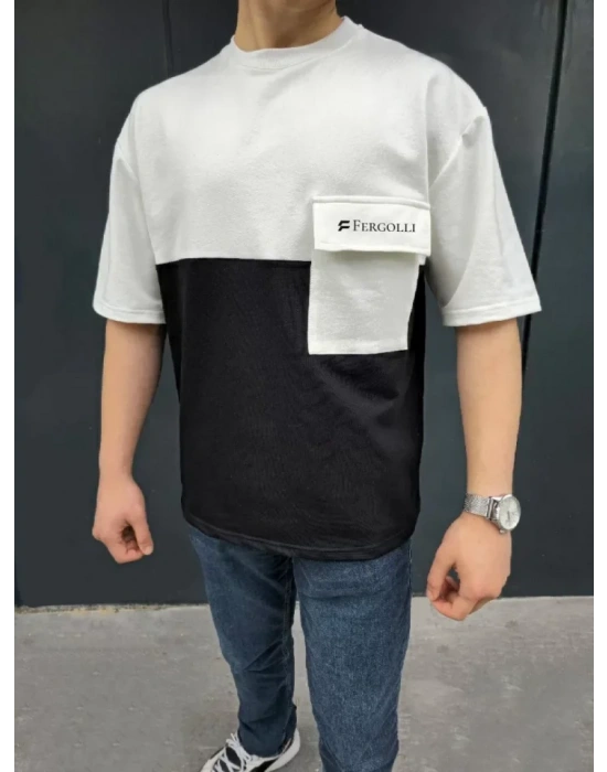 Unisex Torba Cep Detaylı  Parçalı T-Shirt - Siyah