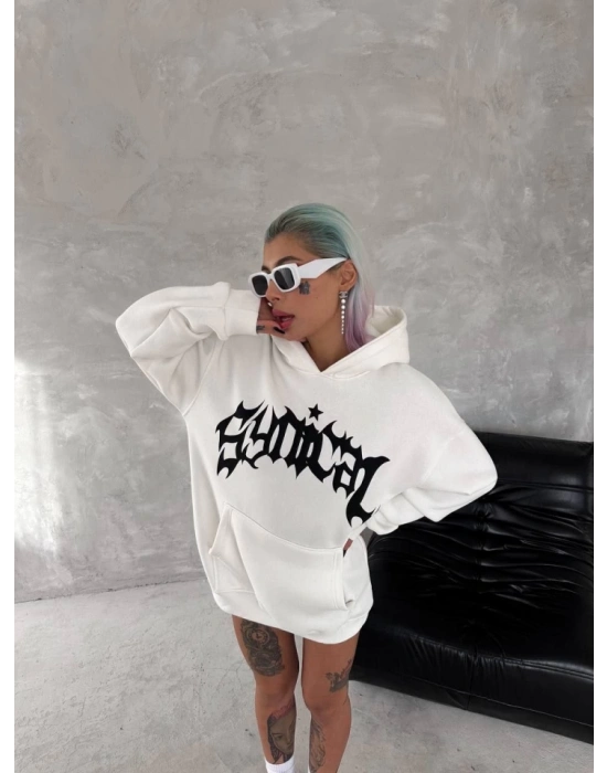 Unisex Üç İplik Kapşonlu Baskılı SweatShirt - Beyaz