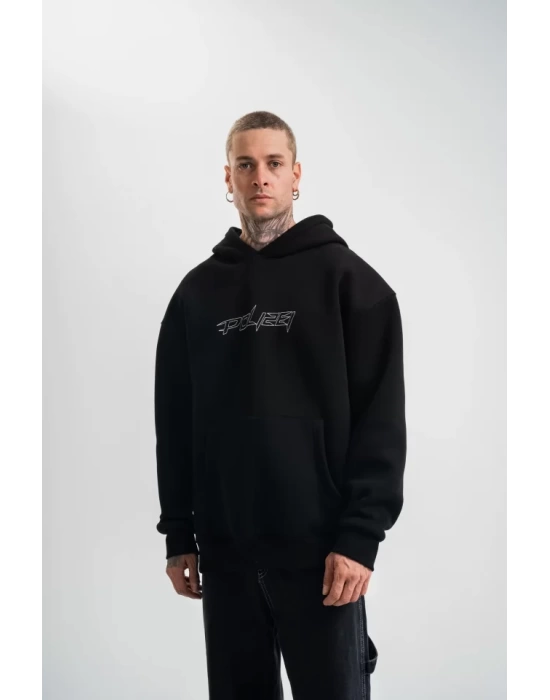 Unisex Üç İplik Kapşonlu Nakışlı SweatShirt - Siyah