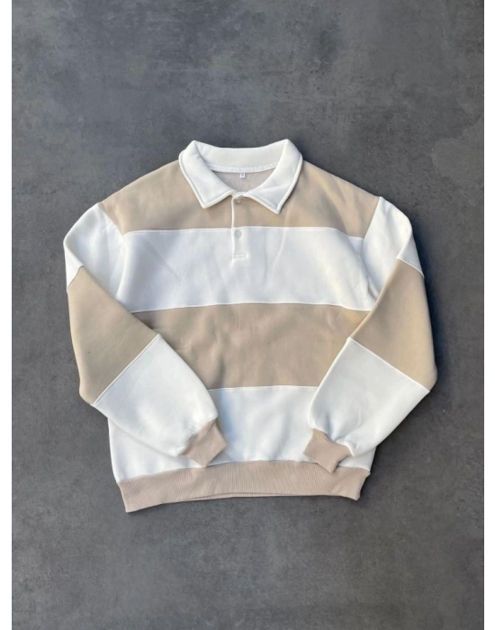 Unisex Üç İplik Parçalı Yakalı SweatShirt - Bej