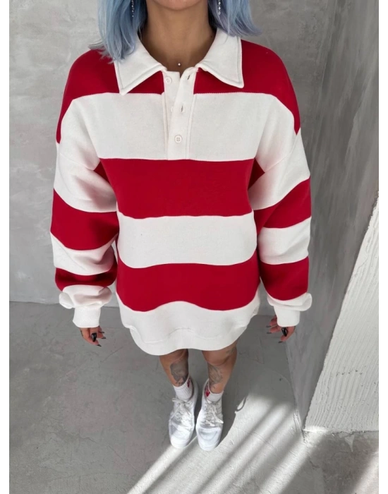 Unisex Üç İplik Parçalı Yakalı SweatShirt - Kırmızı