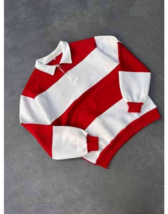 Unisex Üç İplik Parçalı Yakalı SweatShirt - Kırmızı