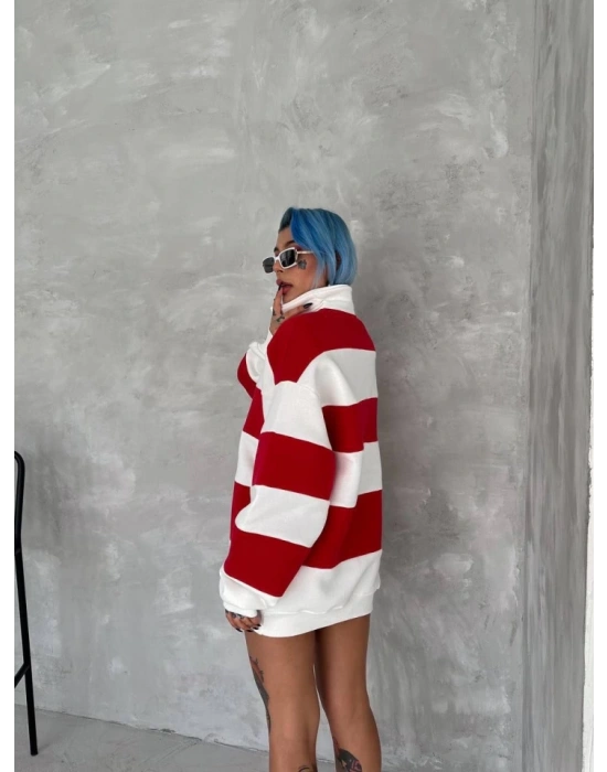 Unisex Üç İplik Parçalı Yakalı SweatShirt - Kırmızı