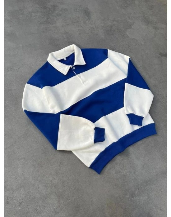 Unisex Üç İplik Parçalı Yakalı SweatShirt - Mavi
