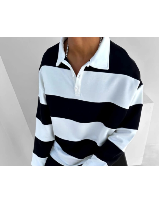 Unisex Üç İplik Parçalı Yakalı SweatShirt - Siyah
