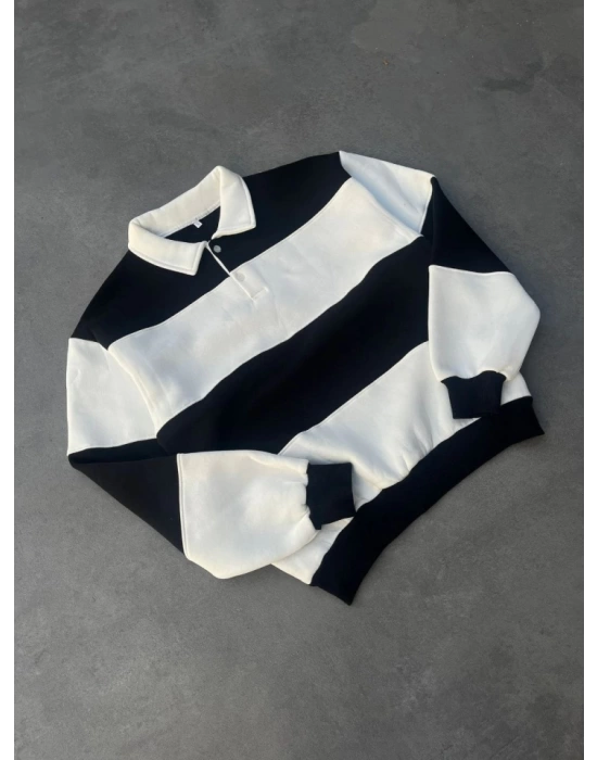 Unisex Üç İplik Parçalı Yakalı SweatShirt - Siyah
