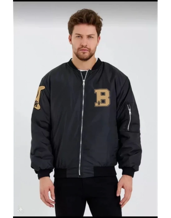 Unisex Uzun Kol Baskılı Bomber Ceket - Siyah