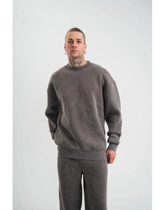 Unisex Uzun Kol Bisiklet Yaka Yıkamalı SweatShirt - Füme