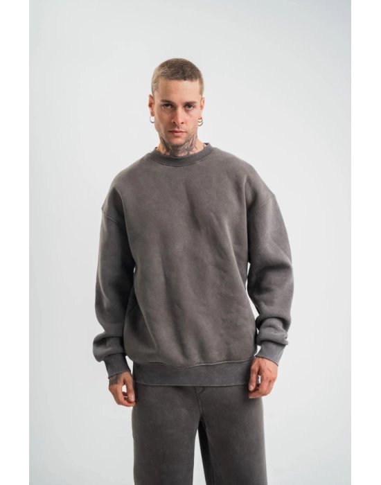 Unisex Uzun Kol Bisiklet Yaka Yıkamalı SweatShirt - Füme