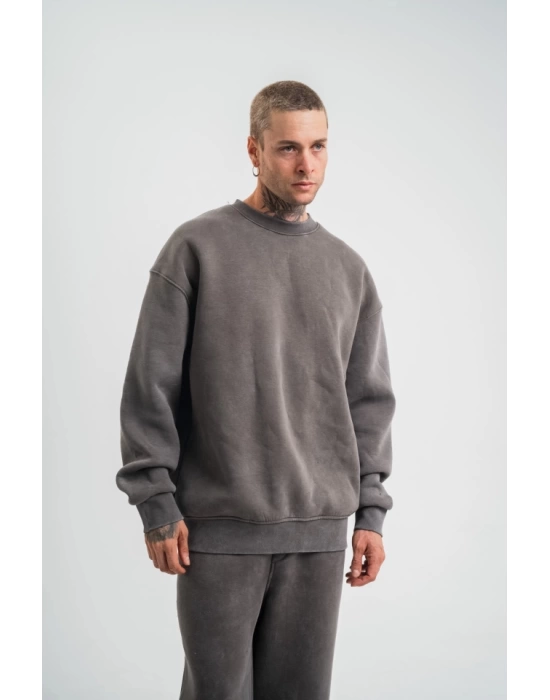 Unisex Uzun Kol Bisiklet Yaka Yıkamalı SweatShirt - Füme