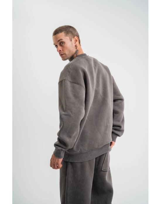 Unisex Uzun Kol Bisiklet Yaka Yıkamalı SweatShirt - Füme
