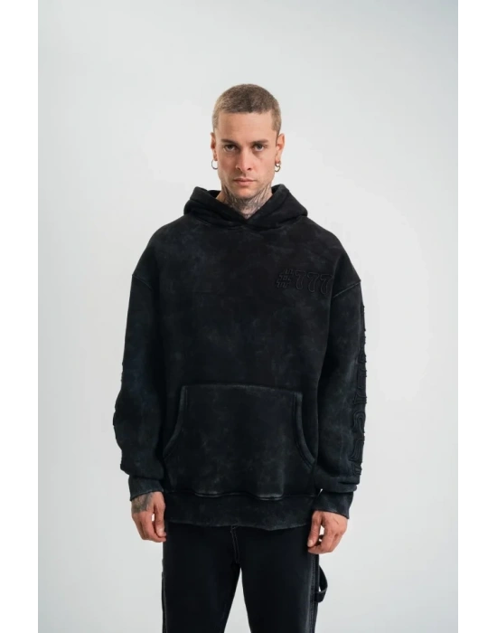 Unisex Uzun Kol Kapşonlu Yıkamalı Nakışlı SweatShirt - Siyah