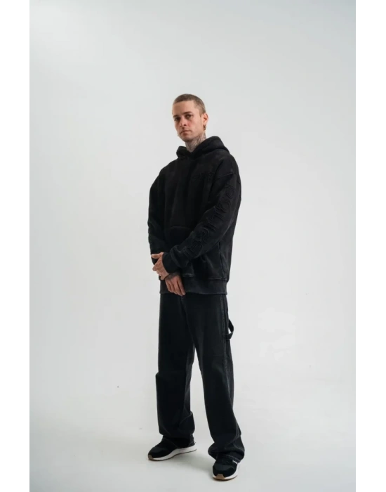 Unisex Uzun Kol Kapşonlu Yıkamalı Nakışlı SweatShirt - Siyah