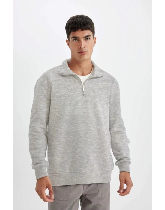 Unisex Uzun Kol Yarım Farmuarlı Yakalı Basic SweatShirt - Gri